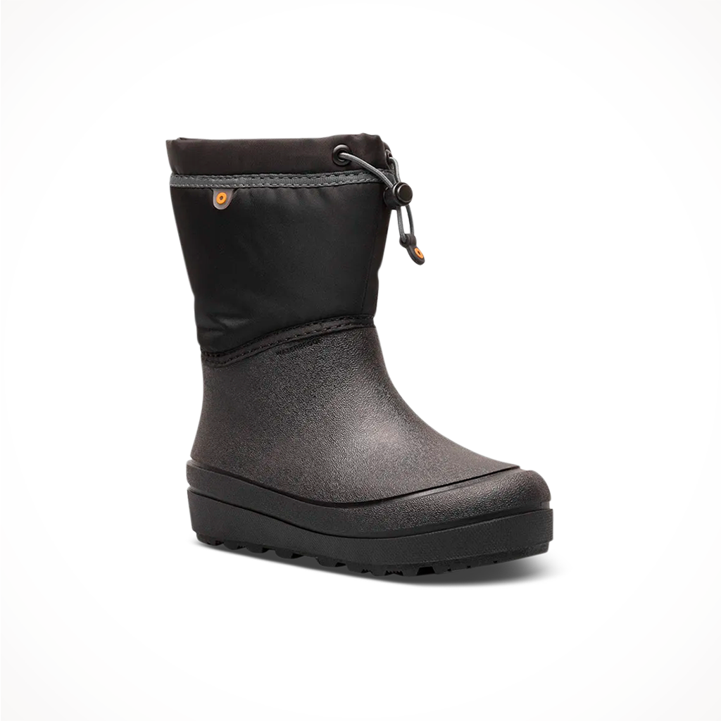 Product image: Bogs Kids Snow Shell Boots Solid Black, shown from a three-quarter angled view.