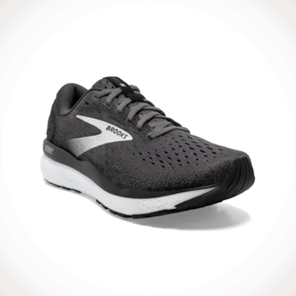 Product image: Brooks Ghost 16 Black Grey White Womens 2025, shown from a three-quarter angled view.