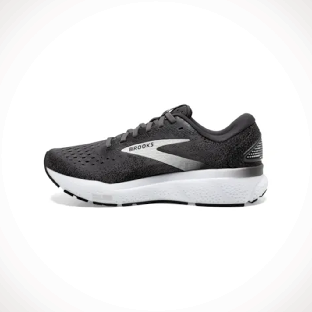 Product image: Brooks Ghost 16 Black Grey White Womens 2025, shown from the left side profile.