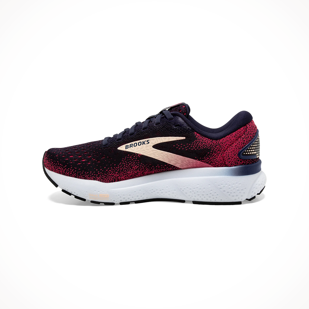 Product image: Brooks Ghost 16 Peacoat Rasberry Apricot Womens 2024, shown from the left side profile.