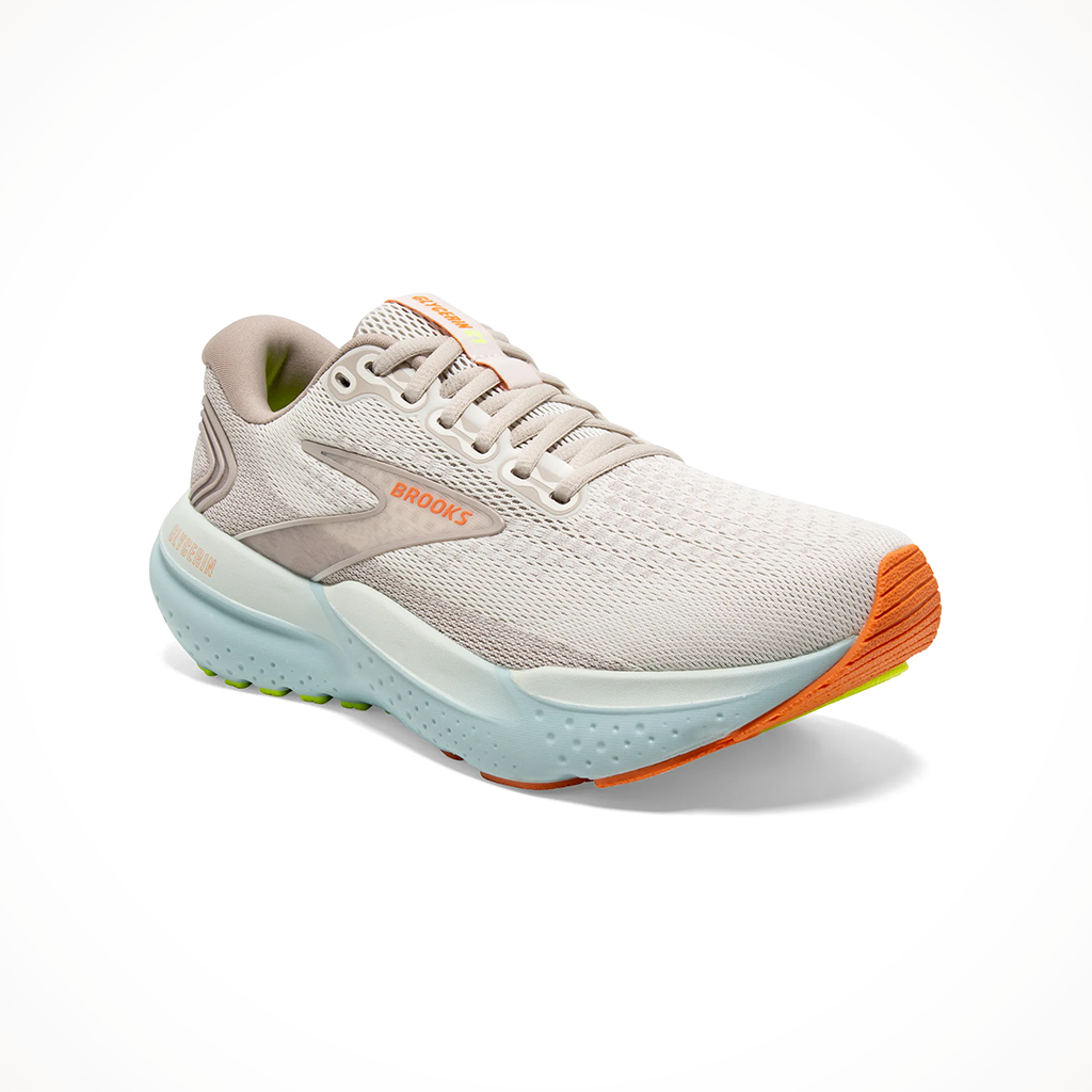 Product image: Brooks Glycerin 21 Coconut Aqua Autumn Sunset Womens 2024, shown from a three-quarter angled view.