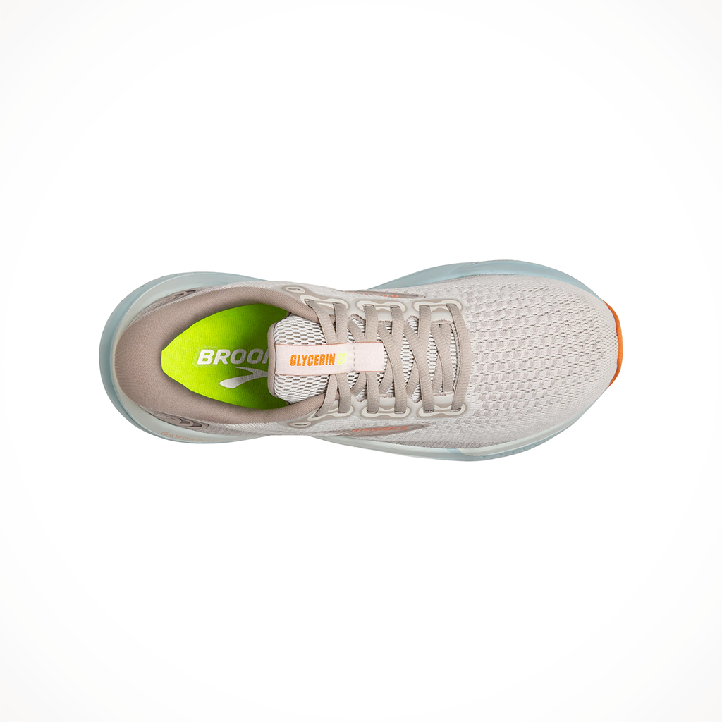 Product image: Brooks Glycerin 21 Coconut Aqua Autumn Sunset Womens 2024, shown from above.