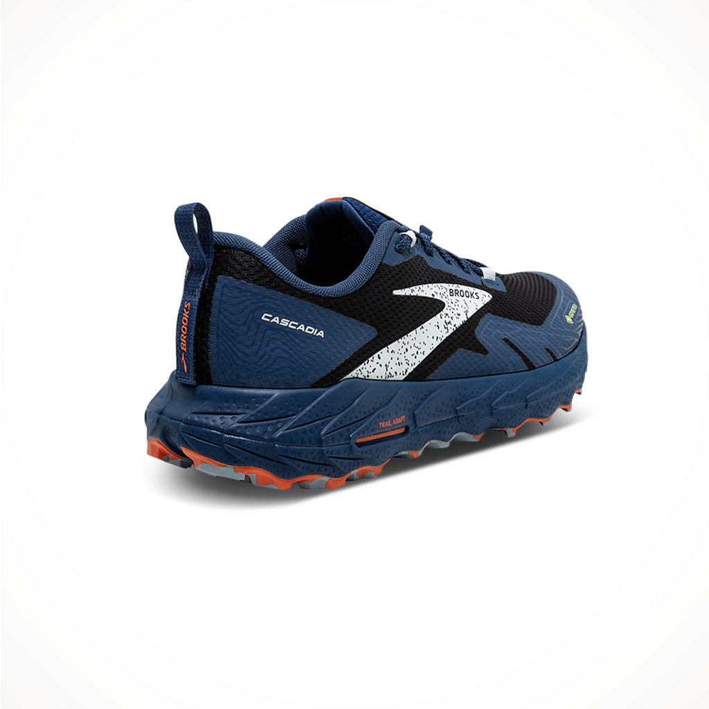 Product image: Brooks Mens Cascadia 17 GTX Black Blue Firecracker Rear, side profile view.