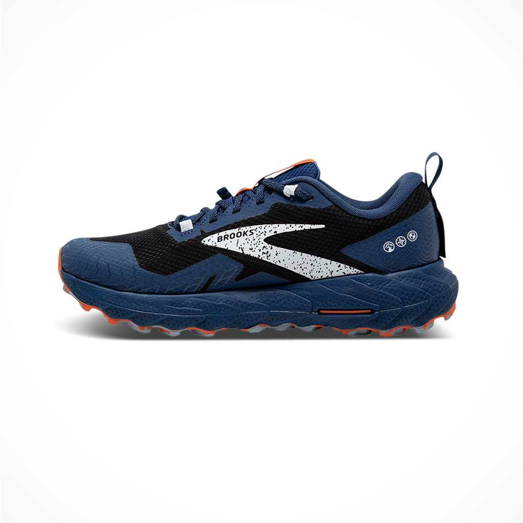 Product image: Brooks Mens Cascadia 17 GTX Black Blue Firecracker, side profile view.