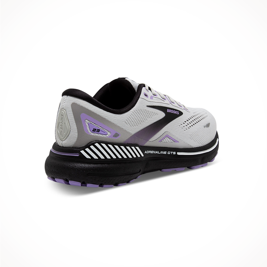 Product image: Brooks Womens Adrenaline GTS 23 Grey Black Purple Rear, side profile view.