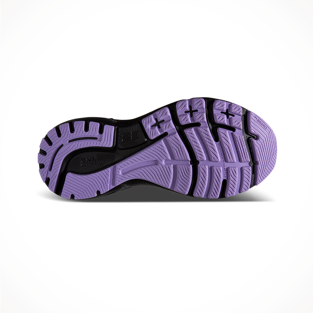 Product image: Brooks Womens Adrenaline GTS 23 Grey Black Purple, showing the outsole tread pattern.