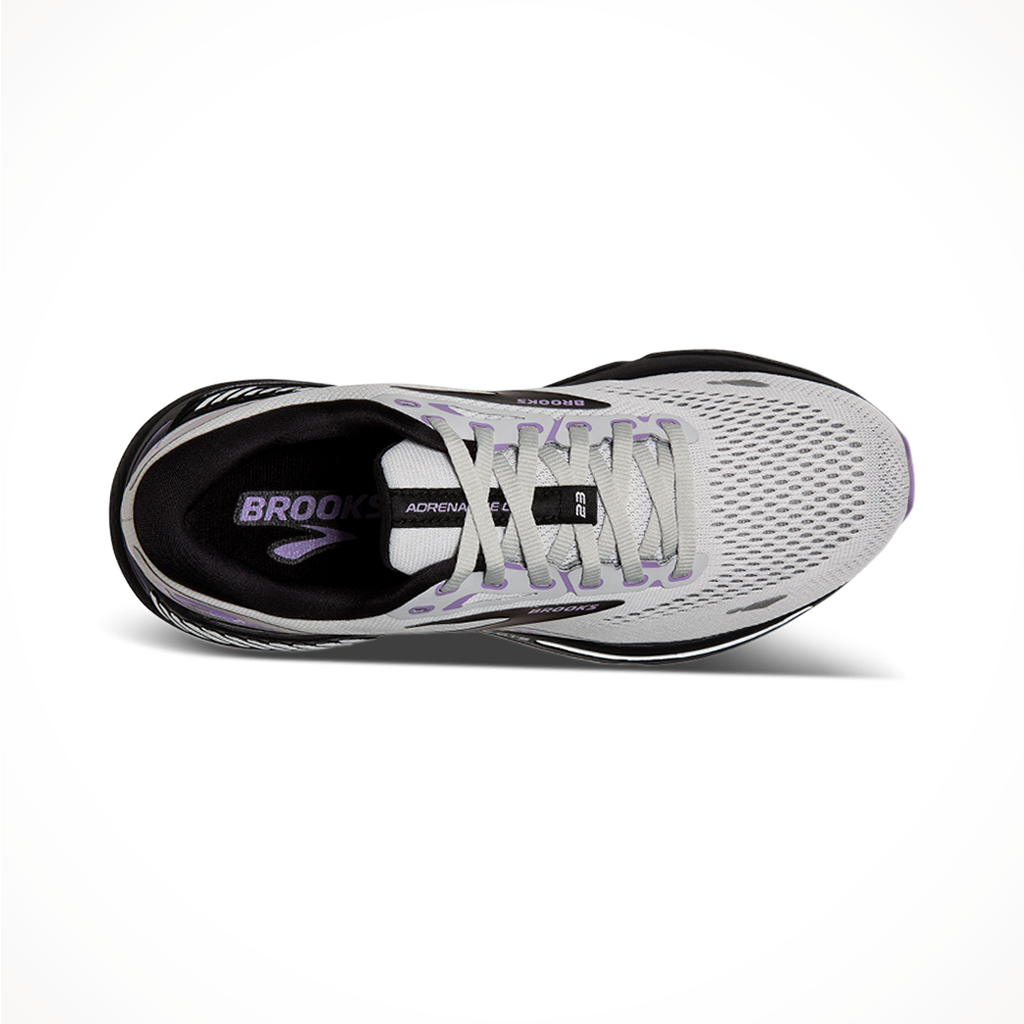 Product image: Brooks Womens Adrenaline GTS 23 Grey Black Purple, shown from above.