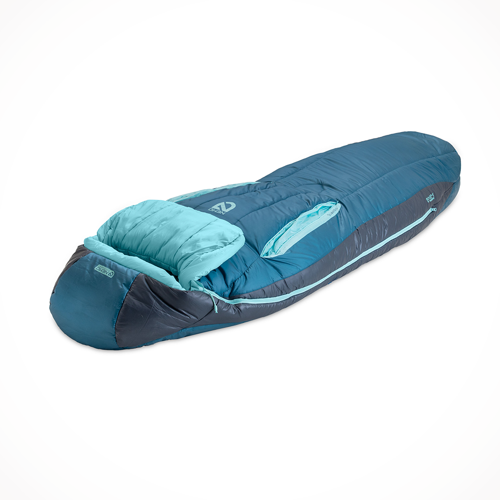 Product image: Camping Sleeping Bags Womens Nemo Forte Endless Promise 20 Abyss Hazy Aqua, close-up detail view.