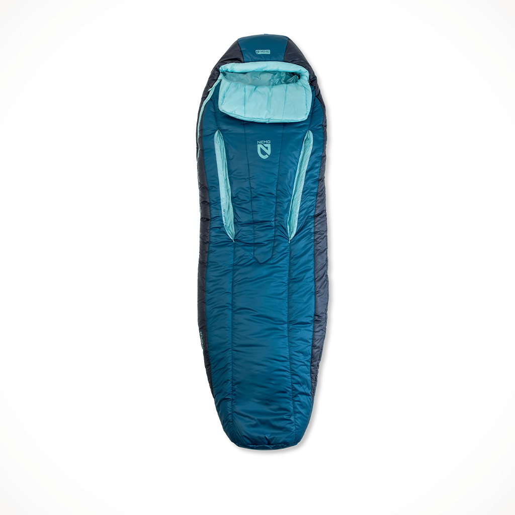 Product image: Camping Sleeping Bags Womens Nemo Forte Endless Promise 20 Abyss Hazy Aqua Open.
