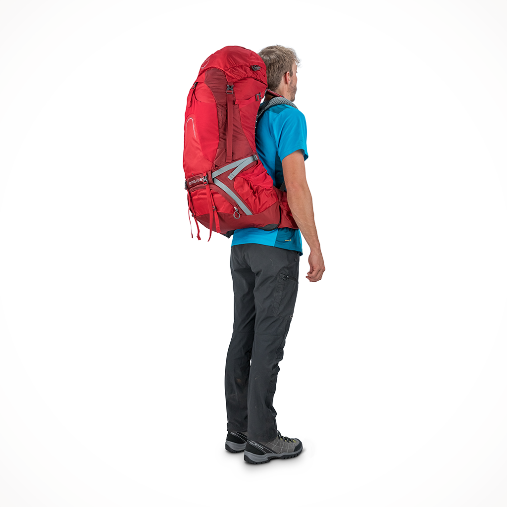 Product image: Camping Backpacks Mens Osprey Atoms AG 50 Rigby Red Model, shown from the back.