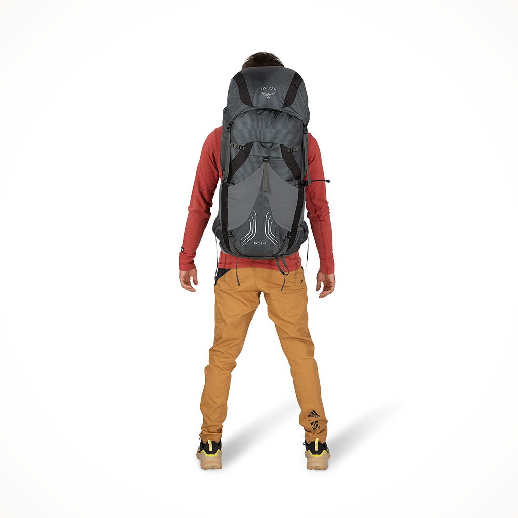 Product image: Camping Backpacks Womens Osprey Exos 48 Tungsten Grey Model, shown from the back.