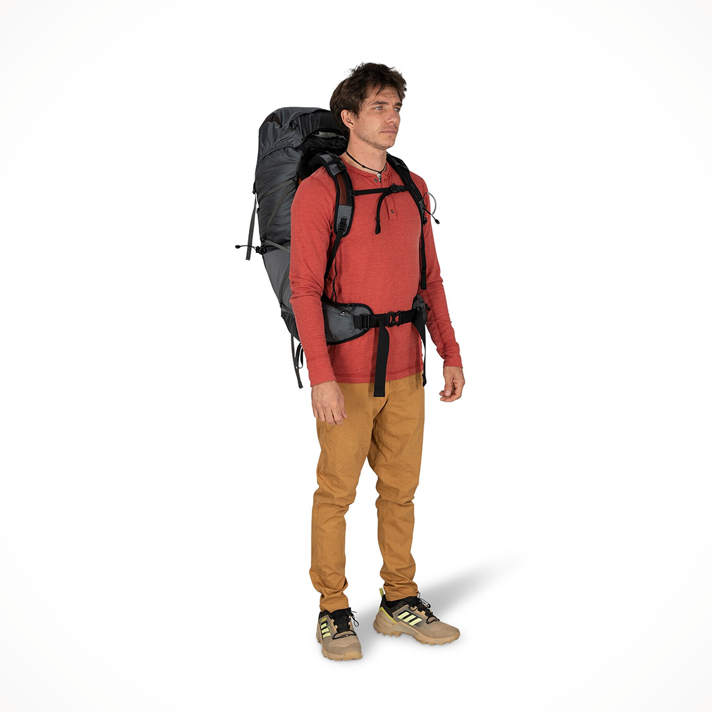 Product image: Camping Backpacks Womens Osprey Exos 48 Tungsten Grey Model, shown from the front.