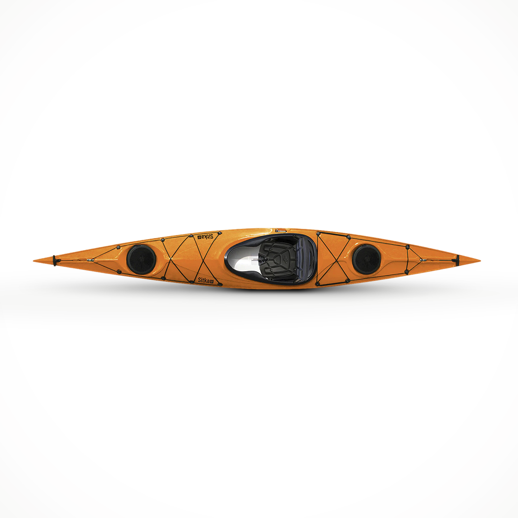 Product image: Eddyline Sitka 140 Touring Kayak Mango 2026, shown from above.