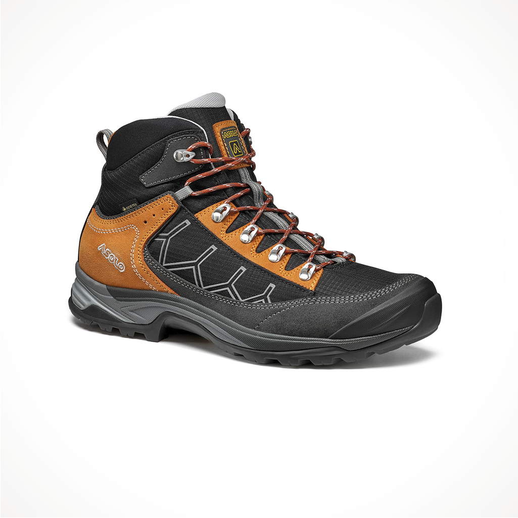 Product image: Footwear Asolo Mens Falcon Graphite Black Pumpkin, shown from a three-quarter angled view.
