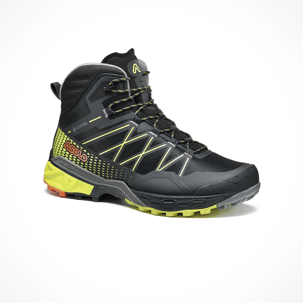Product image: Footwear Asolo Mens Tahoe Mid GTX Black Safety Yellow, shown from a three-quarter angled view.