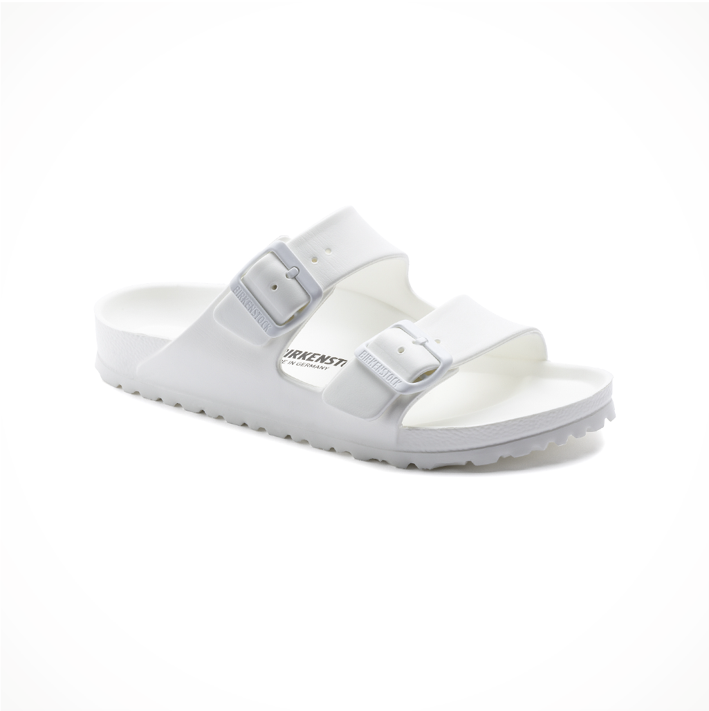Product image: Footwear Birkenstock Womens Arizona Essentials EVA Metallic White, shown from a three-quarter angled view.
