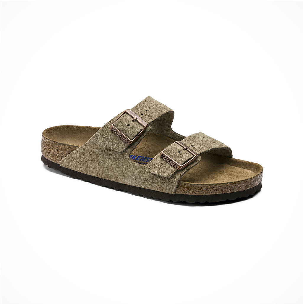 Product image: Footwear Birkenstock Womens Arizona Soft Footbed Suede Leather Taupe, shown from a three-quarter angled view.