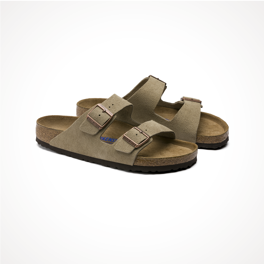 Product image: Footwear Birkenstock Womens Arizona Soft Footbed Suede Leather Taupe, shown from a three-quarter angled view.