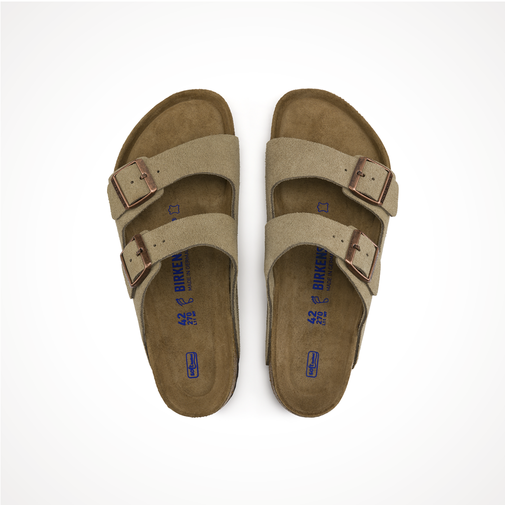 Product image: Footwear Birkenstock Womens Arizona Soft Footbed Suede Leather Taupe, shown from above.