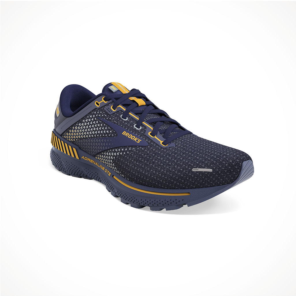 Product image: Footwear Brooks Mens Adrenaline GTS 22 Peacoat Grey Sunflower, shown from a three-quarter angled view.