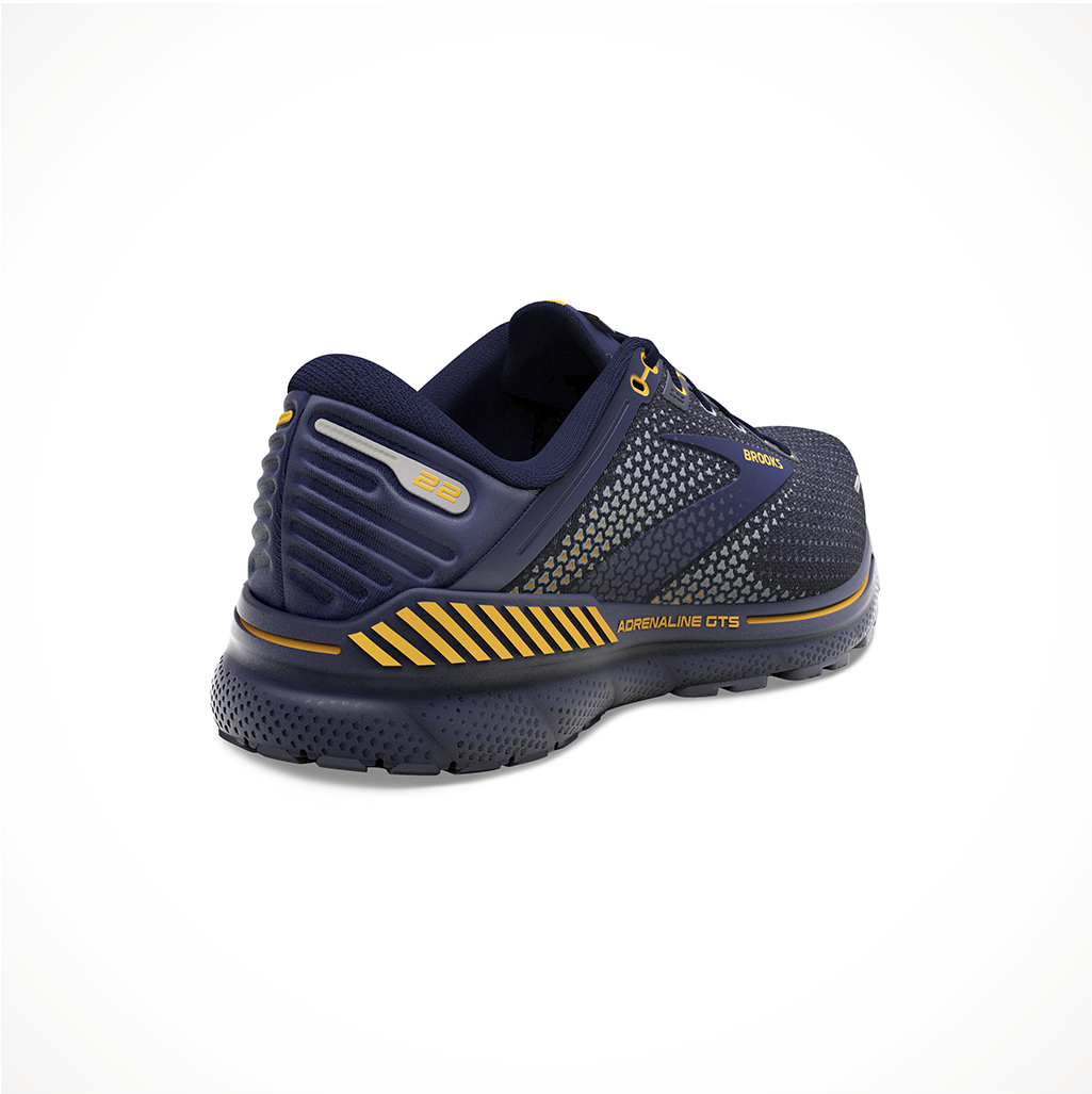Product image: Footwear Brooks Mens Adrenaline GTS 22 Peacoat Grey Sunflower Iso Rear.