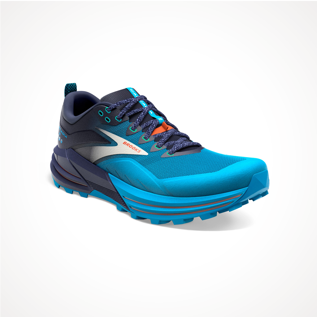 Product image: Footwear Brooks Mens Cascadia 16 Peacoat Atomic Blue Rooibos, shown from a three-quarter angled view.