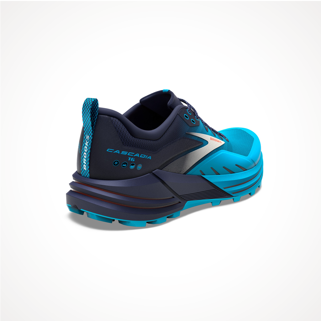 Product image: Footwear Brooks Mens Cascadia 16 Peacoat Atomic Blue Rooibos Iso Rear.