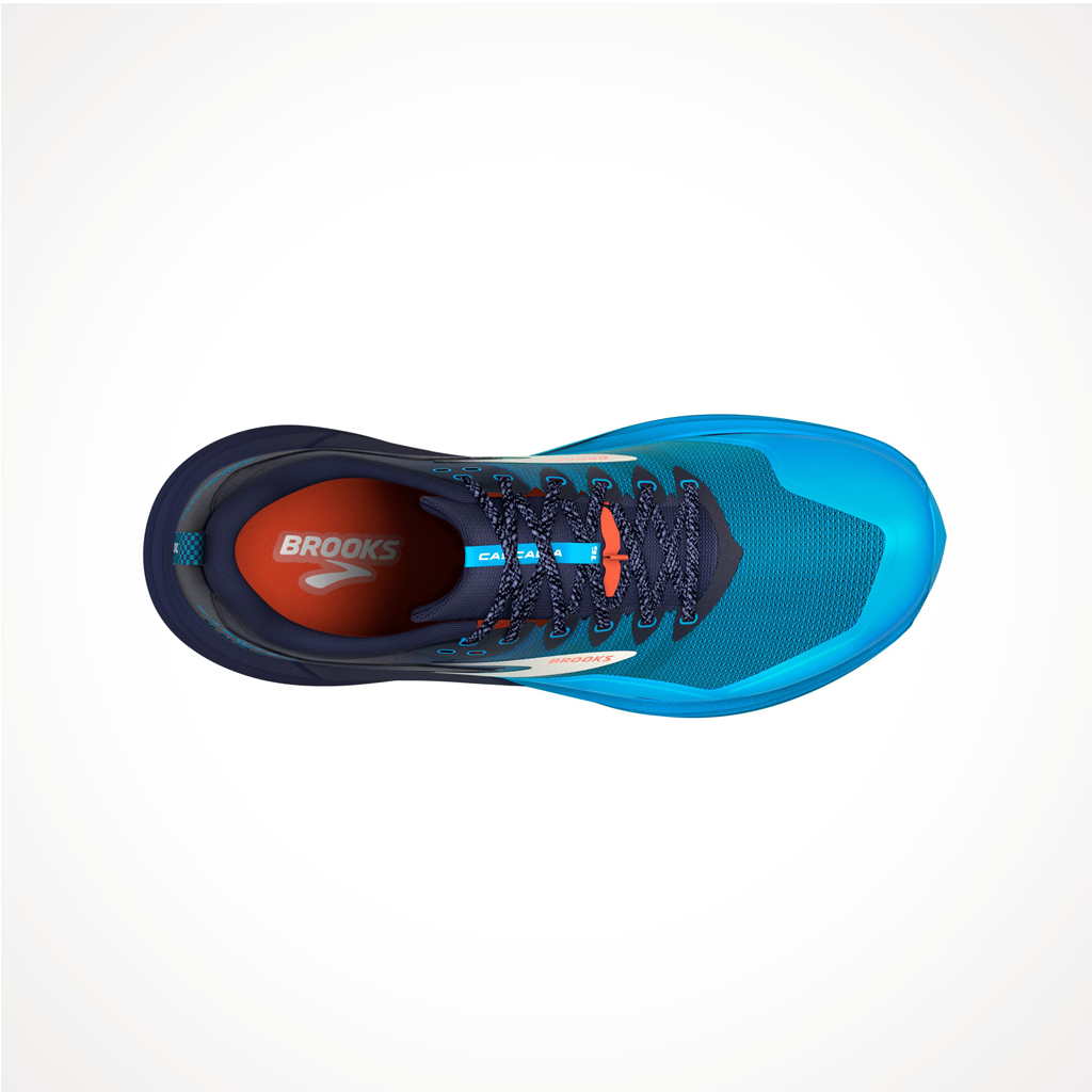 Product image: Footwear Brooks Mens Cascadia 16 Peacoat Atomic Blue Rooibos, shown from above.