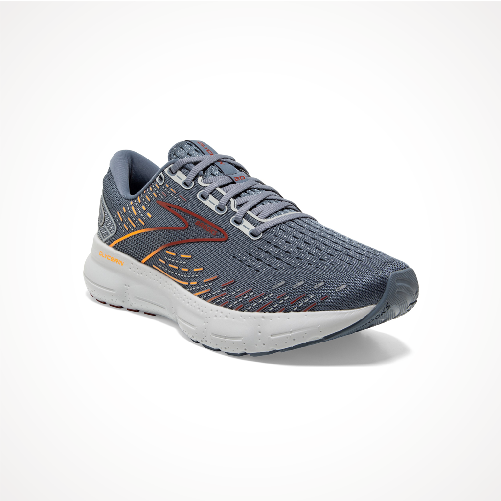 Product image: Footwear Brooks Mens Glycerin 20 Grey Chili Oil Orange, shown from a three-quarter angled view.