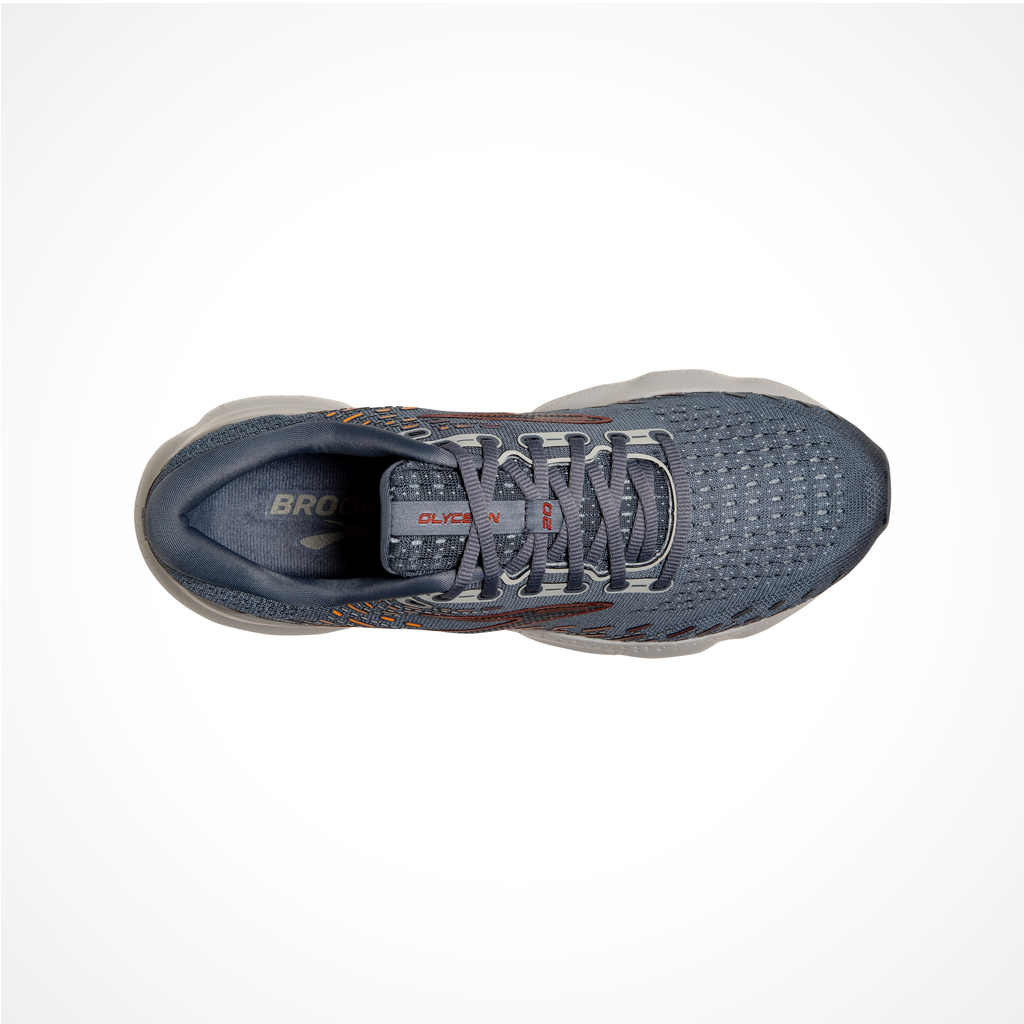 Product image: Footwear Brooks Mens Glycerin 20 Grey Chili Oil Orange, shown from above.