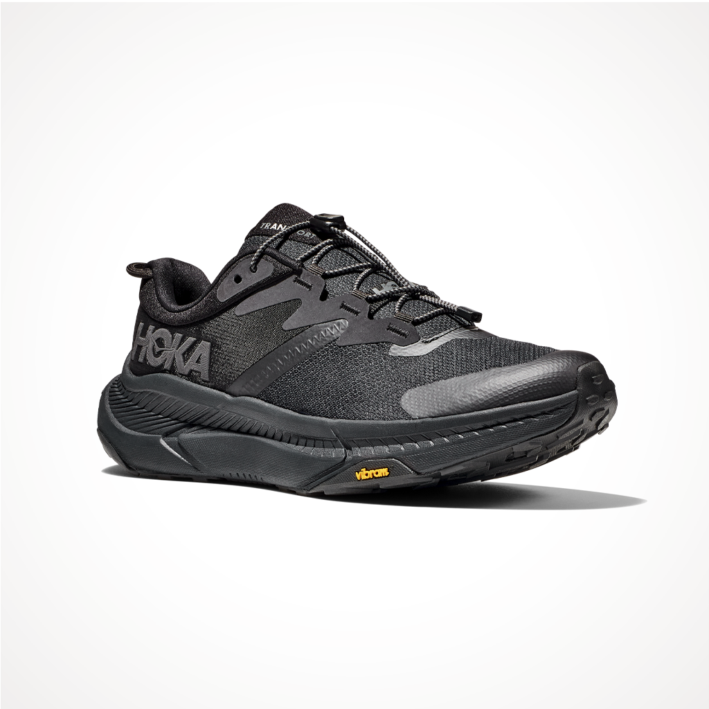 Product image: Footwear Hoka Mens Transport Black Black, shown from a three-quarter angled view.
