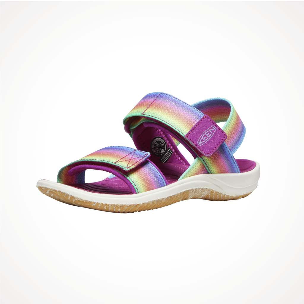 Product image: Footwear Keen Kids Elle Backstrap Rainbow Festival Fuchsia, shown from a three-quarter angled view.