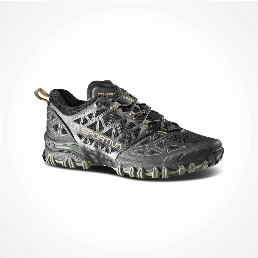 Product image: Footwear La Sportiva Mens Bushido II Black Clay, shown from a three-quarter angled view.