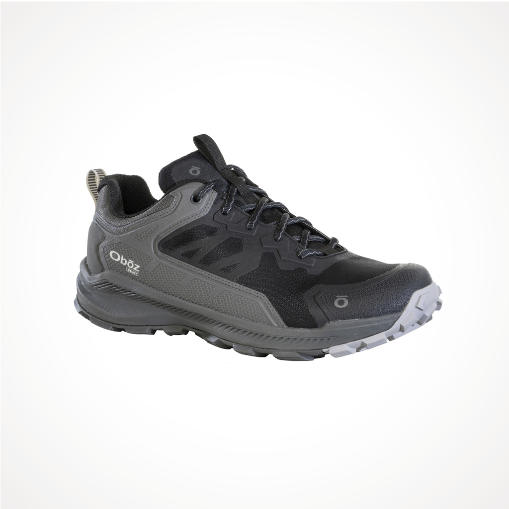 Product image: Footwear Oboz Mens Katabatic Low Waterproof Black Sea, shown from a three-quarter angled view.