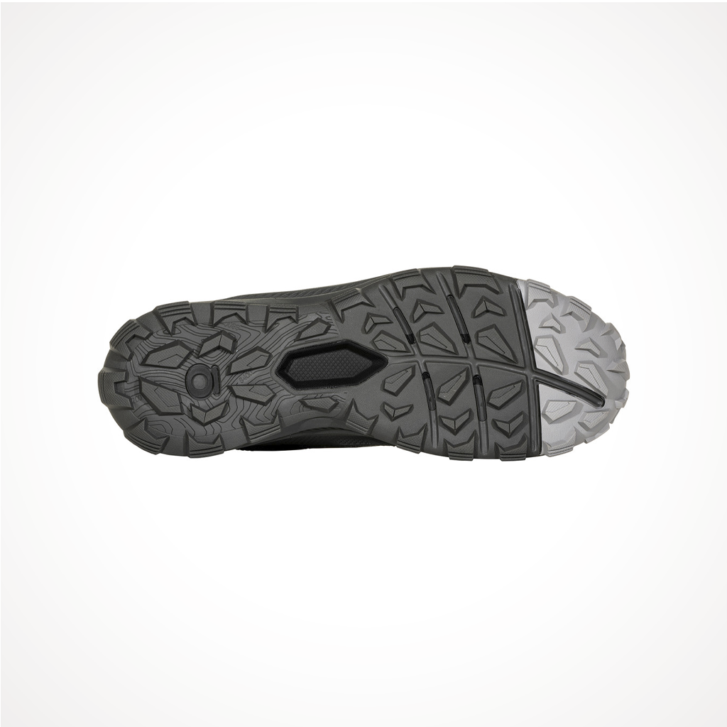 Product image: Footwear Oboz Mens Katabatic Low Waterproof Black Sea, showing the outsole tread pattern.