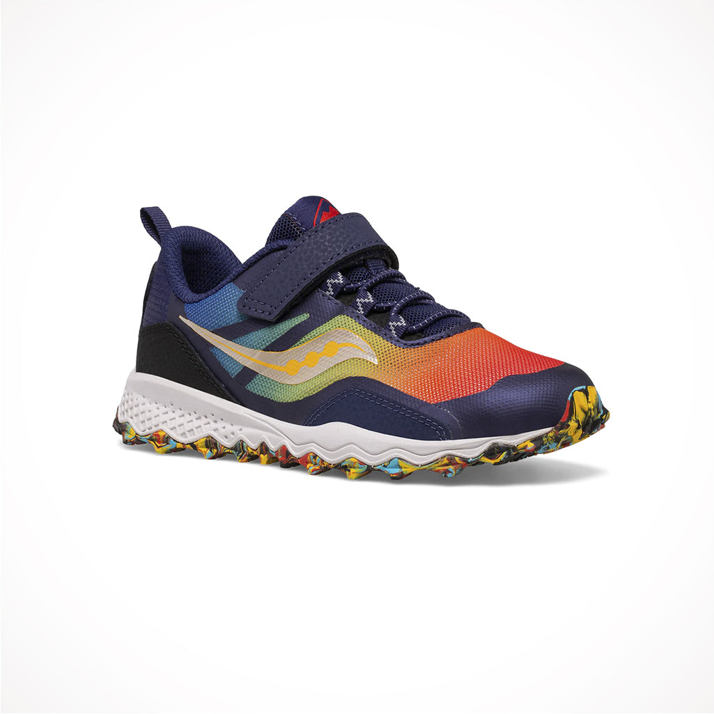 Product image: Footwear Saucony Kids Peregrine 12 Shield AC Blue Red Yellow, shown from a three-quarter angled view.