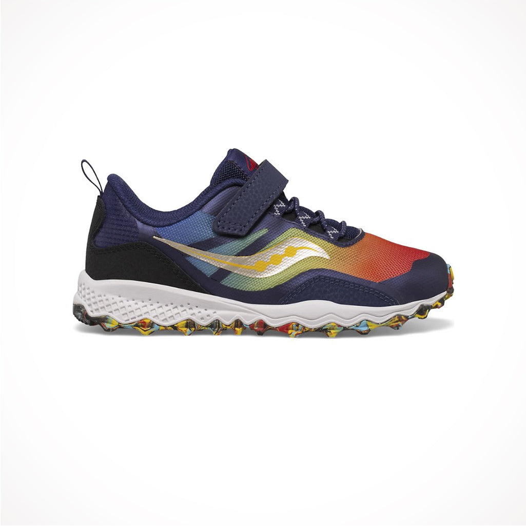 Product image: Footwear Saucony Kids Peregrine 12 Shield AC Blue Red Yellow, side profile view.