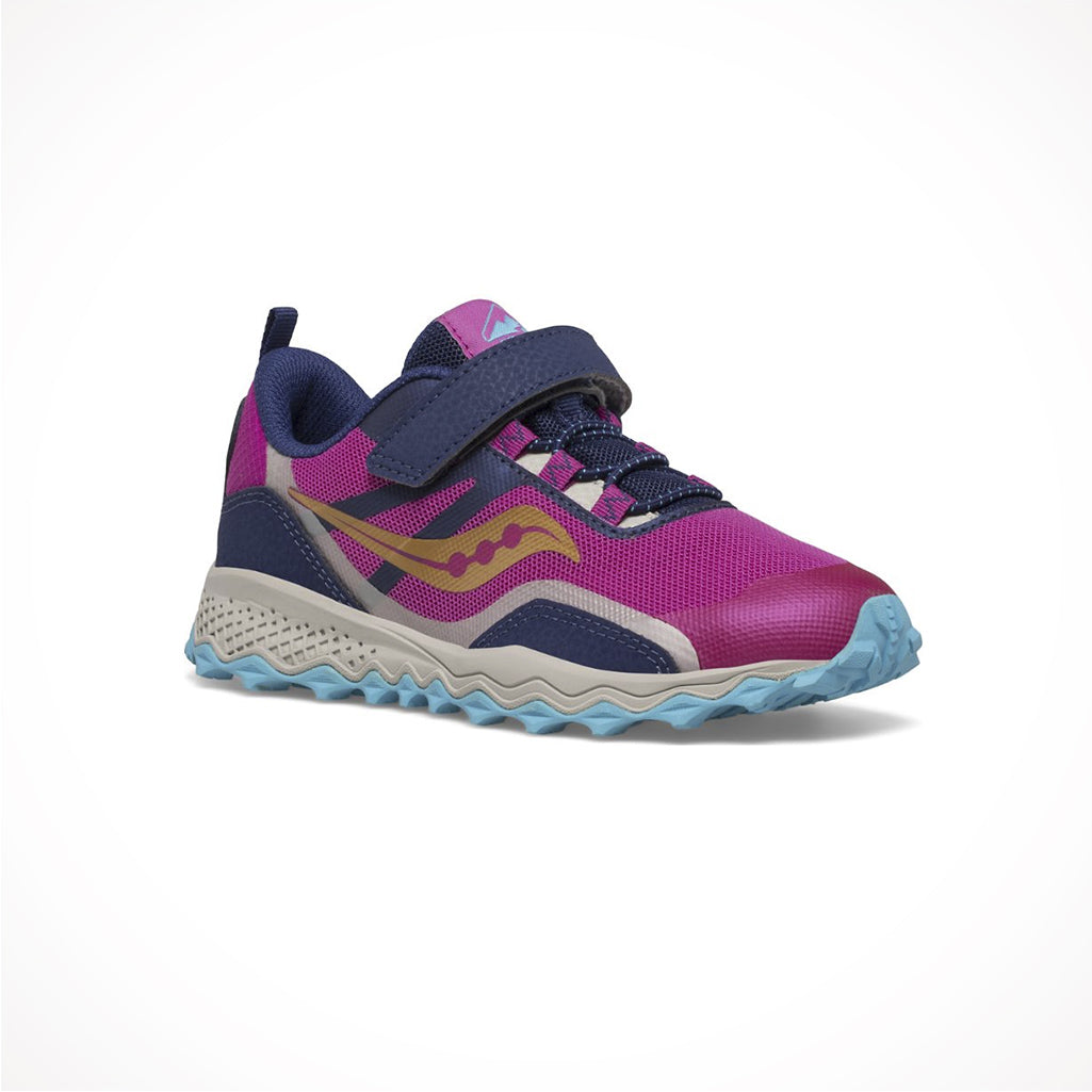 Product image: Footwear Saucony Kids Peregrine 12 Shield AC Navy Pink Turq, shown from a three-quarter angled view.