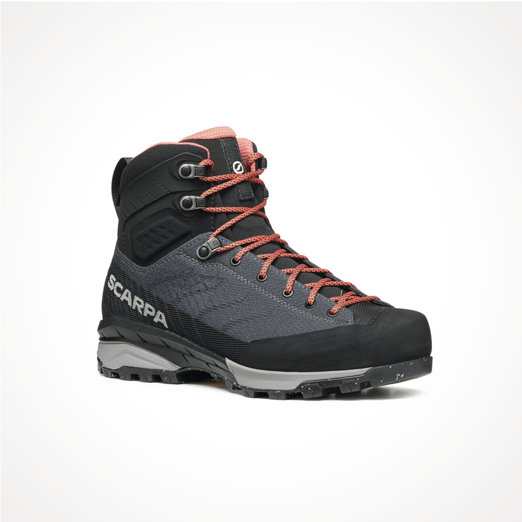 Product image: Footwear Scarpa Womens Mescalito TRK Planet GTX Grey Coral, shown from a three-quarter angled view.