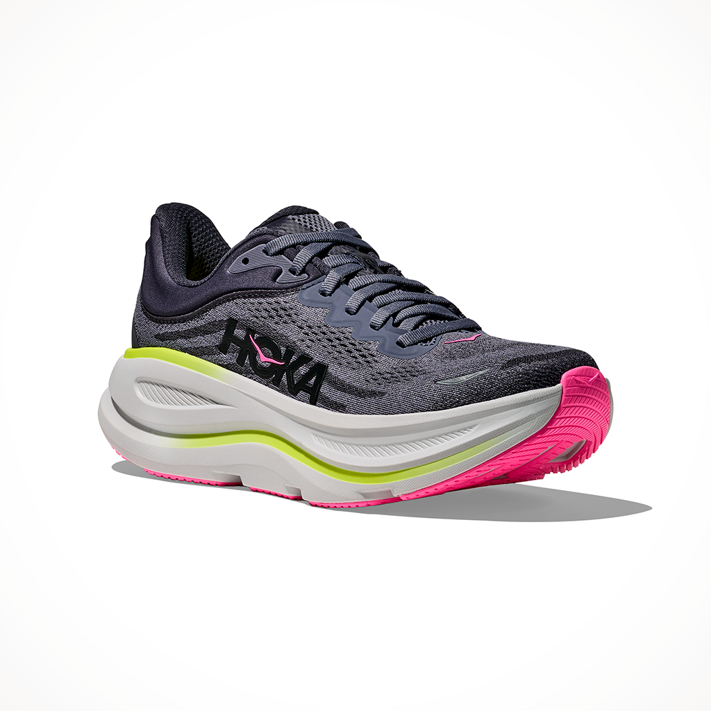 Product image: Hoka Bondi 9 Charcoal Grey Grey Skies Womens 2025, shown from a three-quarter angled view.