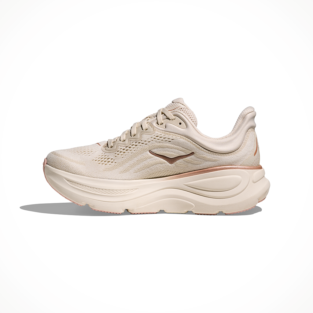 Product image: Hoka Bondi 9 Oat Milk Rose Gold Womens 2026, shown from the left side profile.