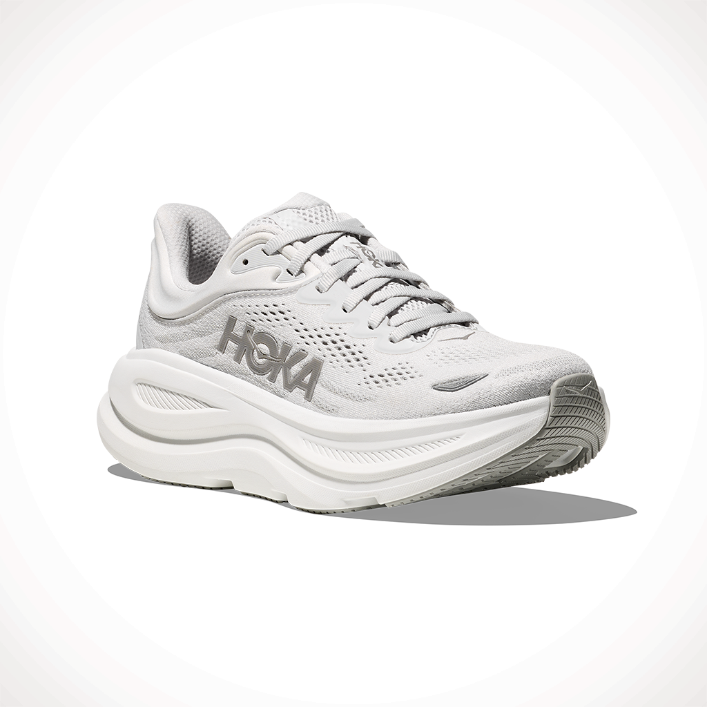 Product image: Hoka Bondi 9 Stardust Silver Womens 2025, shown from a three-quarter angled view.