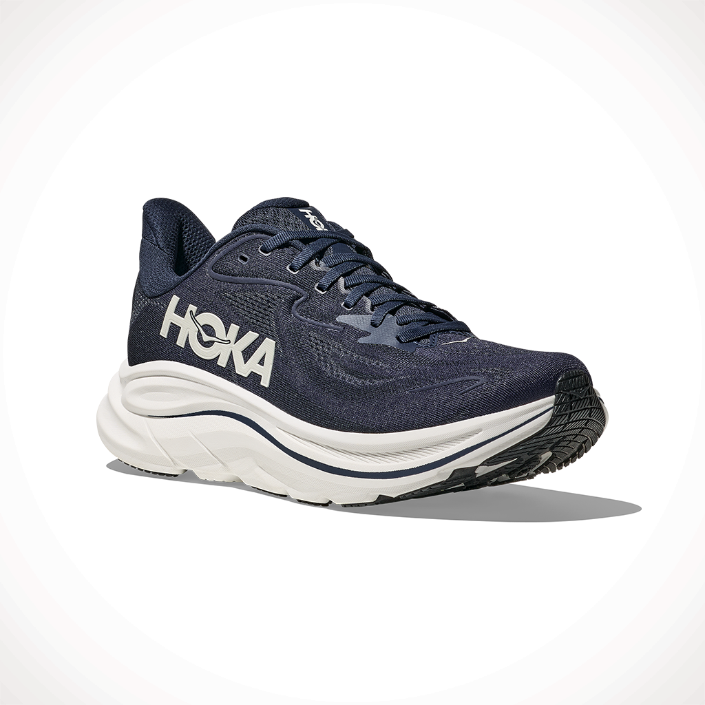 Product image: Hoka Clifton 10 Navy W Hite Mens 2025, shown from a three-quarter angled view.