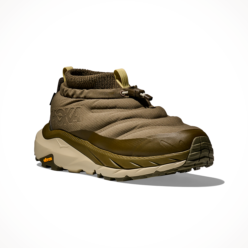 Product image: Hoka Kaha 2 Frost Moc GTX Antique Olive Spruce Green Mens 2025, shown from a three-quarter angled view.