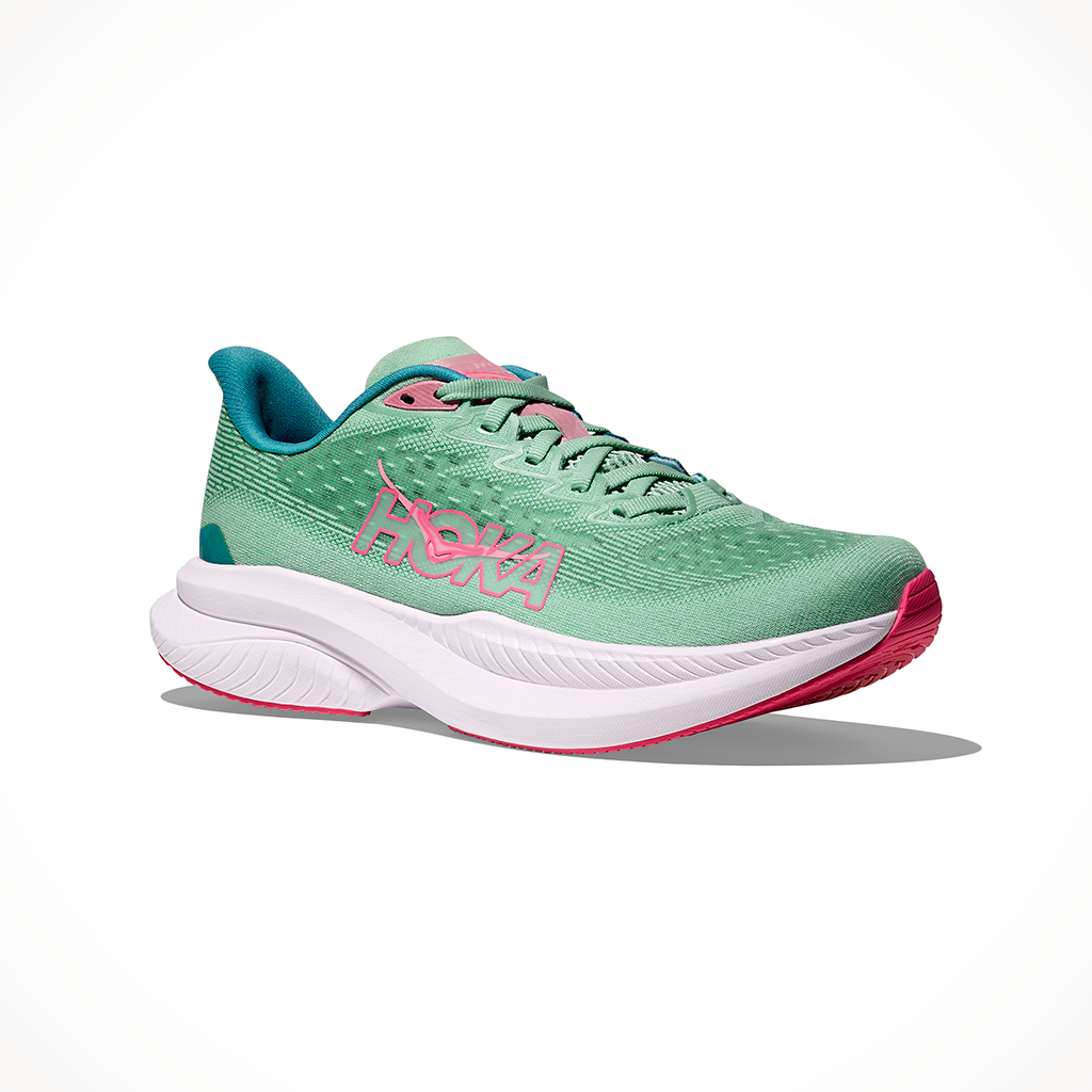 Product image: Hoka Mach 6 Jadeite Alpine Blue Womens 2025, shown from a three-quarter angled view.