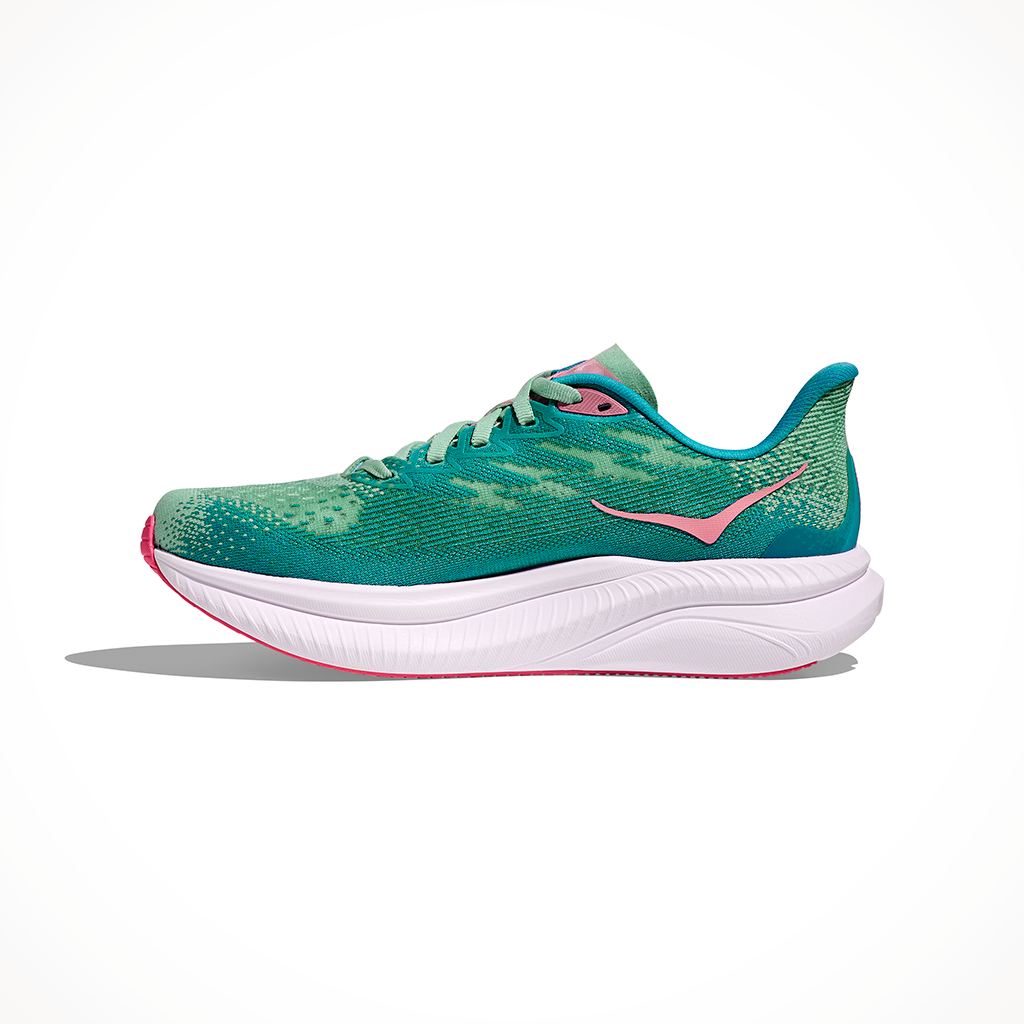 Product image: Hoka Mach 6 Jadeite Alpine Blue Womens 2025, shown from the left side profile.