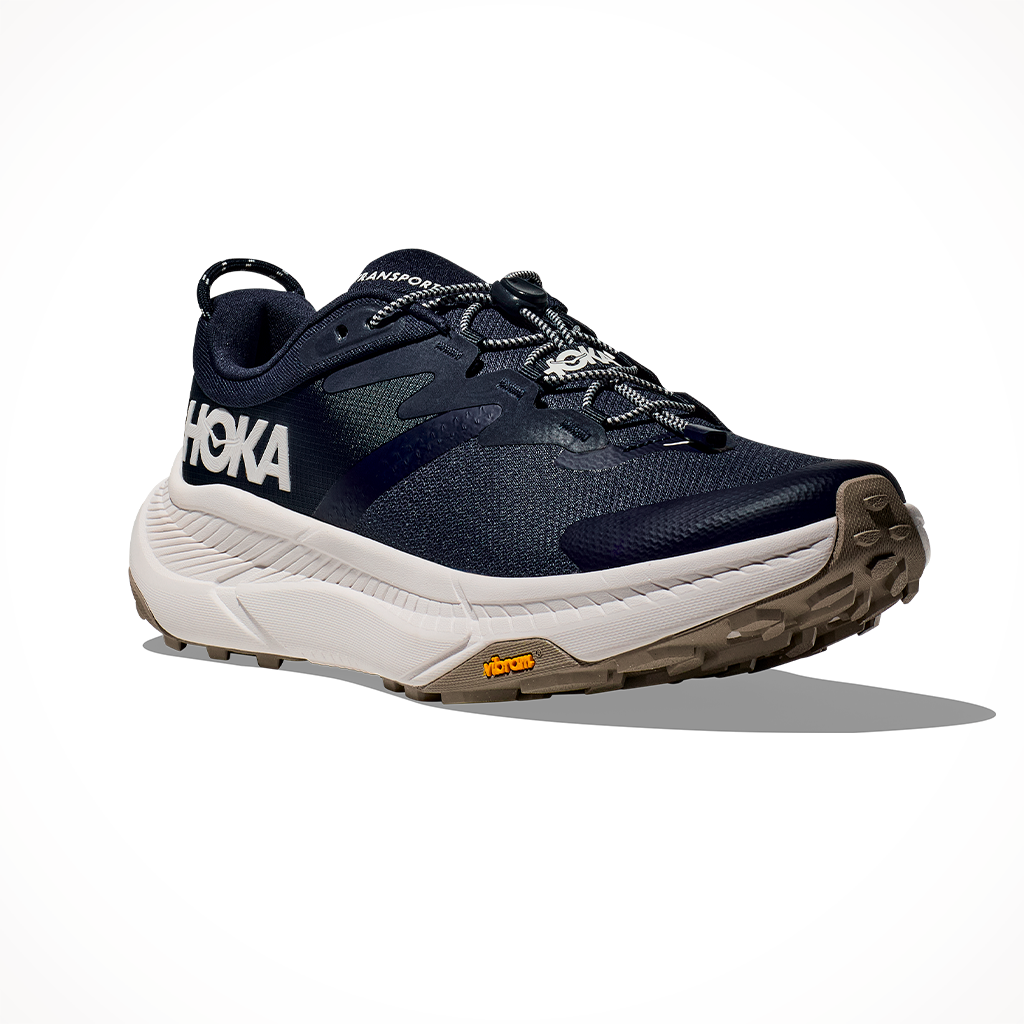 Product image: Hoka Transport Mens Varstity Navy White 2024, shown from a three-quarter angled view.