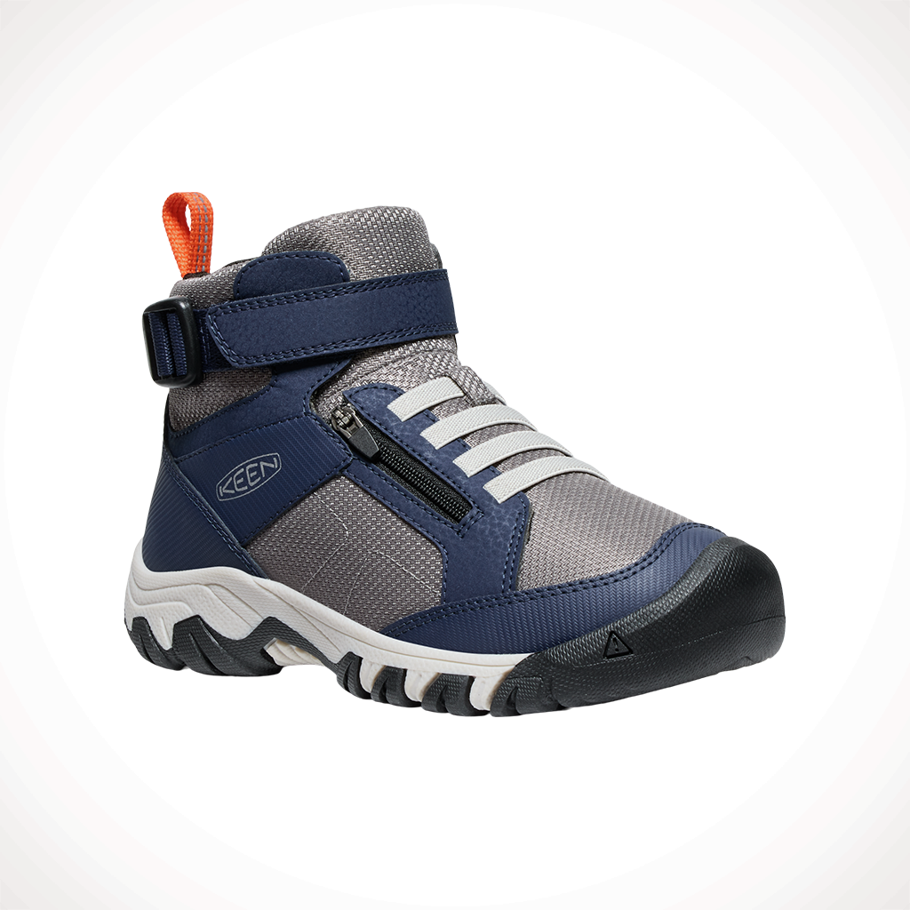 Product image: Keen Targhee Boundless Naval Academy Steel Grey Kids 2025, shown from a three-quarter angled view.