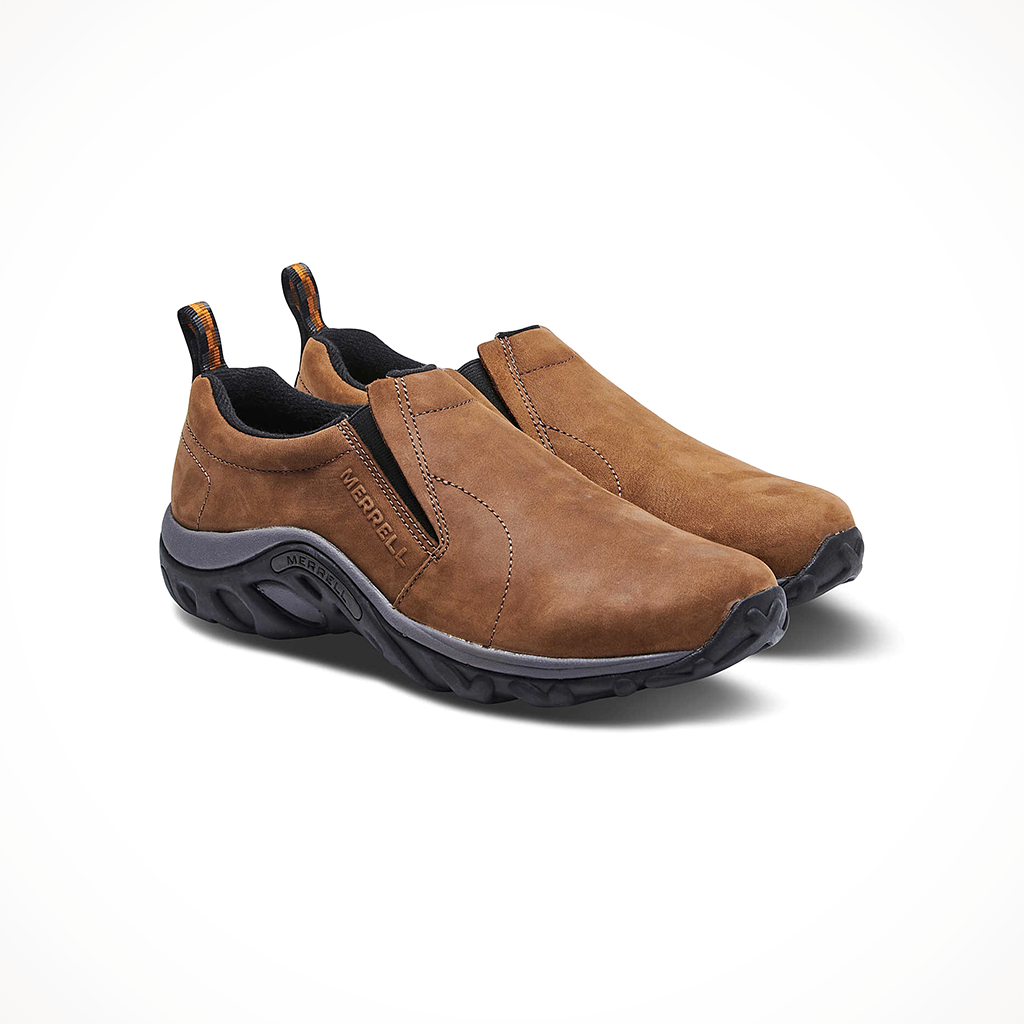 Product image: Merrell Mens Jungle Moc Brown, shown from a three-quarter angled view.