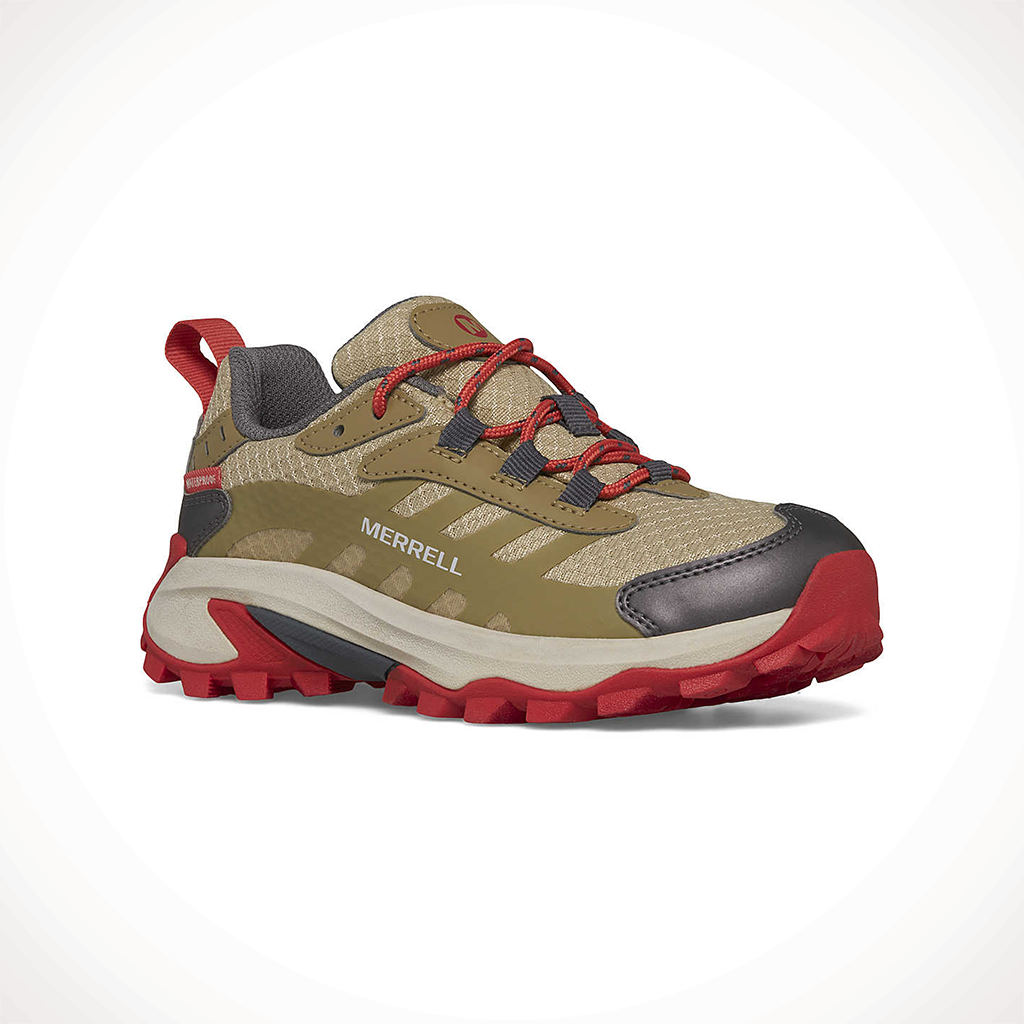 Product image: Merrell Moab Speed 2 Low WP Coyote Kids 2025, shown from a three-quarter angled view.